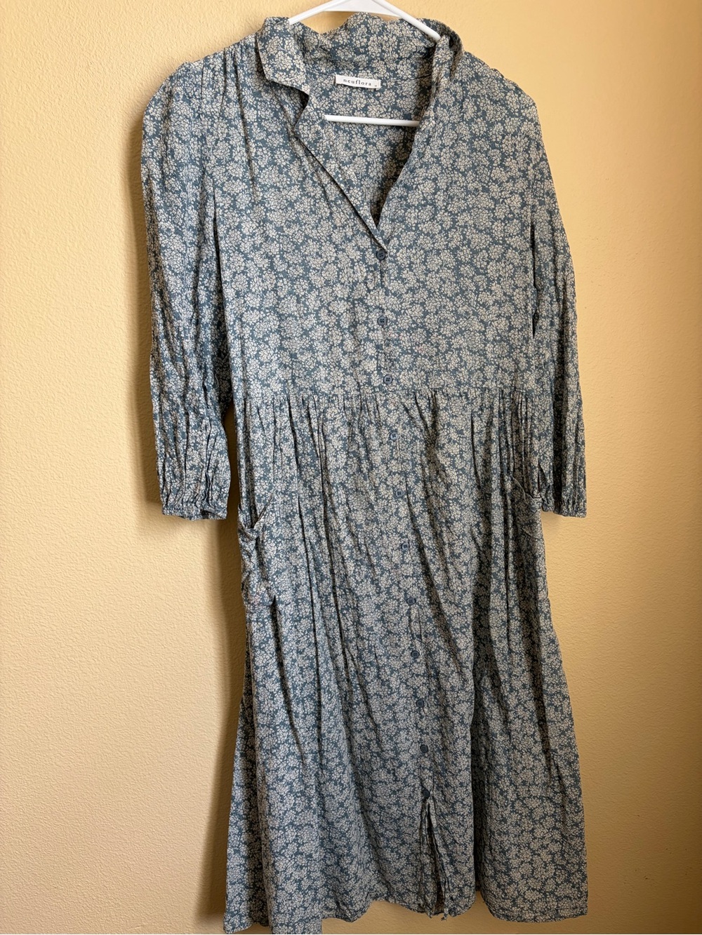 Light Blue Floral Midi Dress with Button Front - Women's